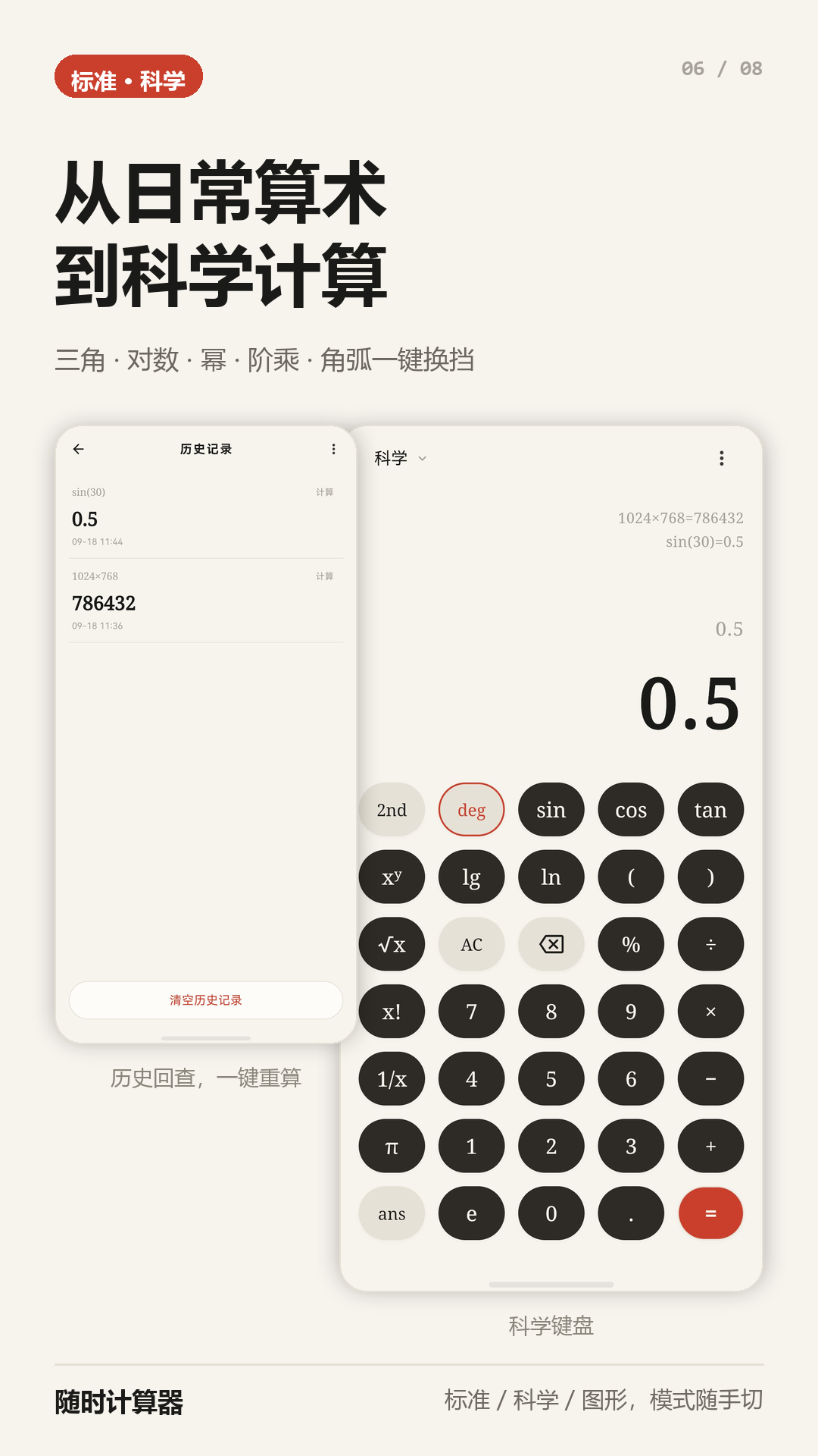 科学计算器截图：三角、对数、幂、阶乘函数键